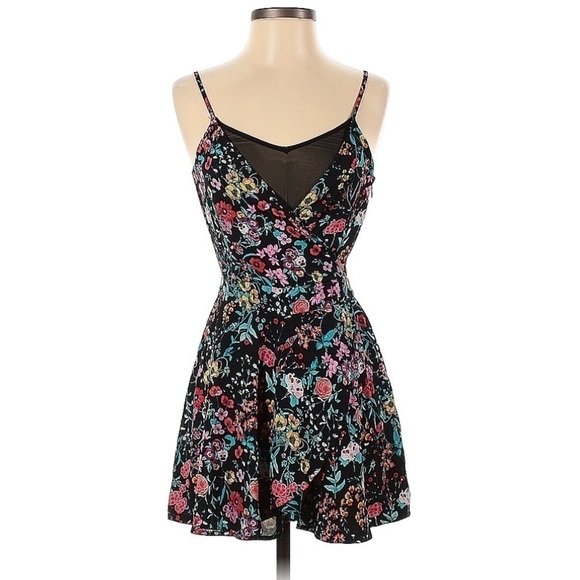 Express 0 Black Bright Multi Color Floral Print Wrap Belted Romper Mesh Cutout - Picture 1 of 7
